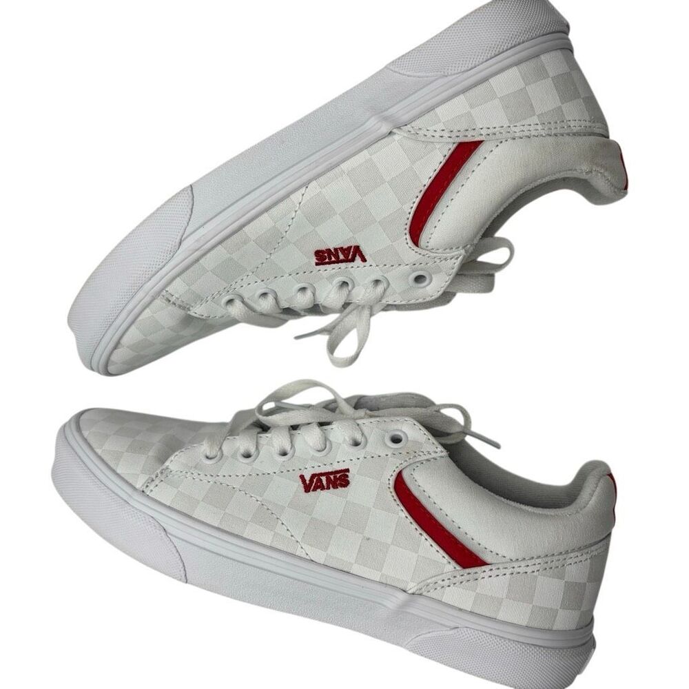 Vans Ward Low Top Sneakers White Checkerboard Red Logo Lace Up Skate Shoes W-9.5 - Picture 6 of 8